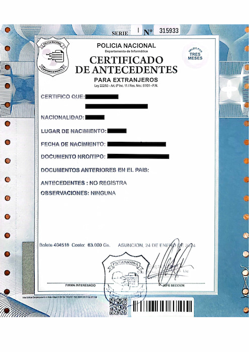 example of background check for foreigners issued by the National Police of Paraguay