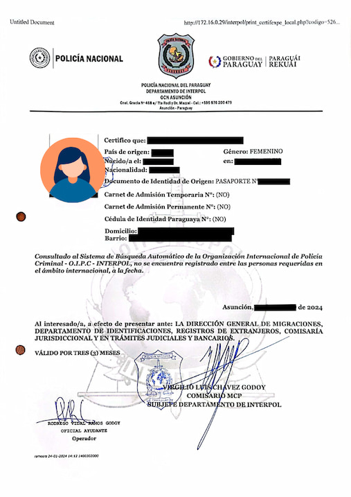 example of background check issued by the Interpol office in Paraguay