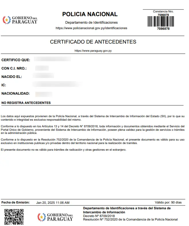 ejemplo de verificación de antecedentes local en Paraguay