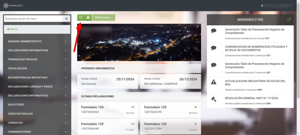 dashboard of the marangatu platform used for tax filings in Paraguay